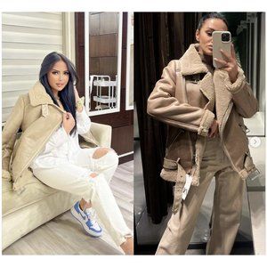 ZARA NEW WOMEN FAUX LEATHER SHEARLING DOUBLE-FACED BIKER TAUPE BROWN 2969/041